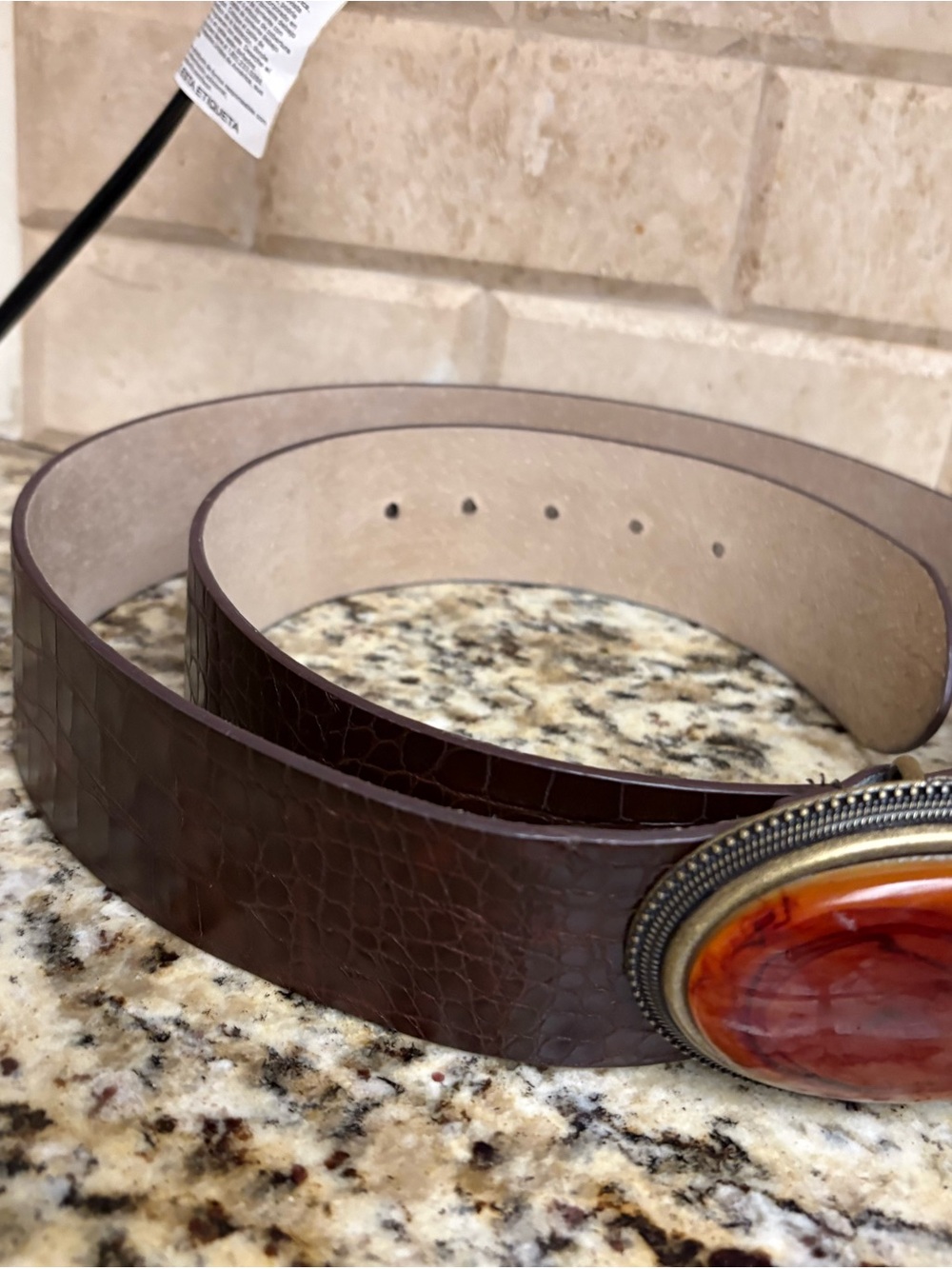 Chico's Dark Brown Croc-Embossed Belt with Amber Oval Buckle